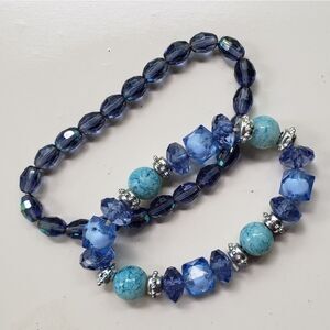 2 blue beaded stretch bracelets